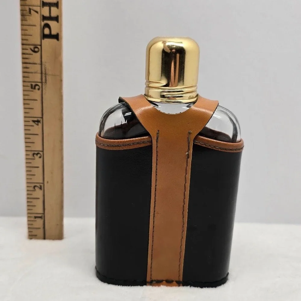 Swank Vintage Glass Flask Leather Wrap Gold Cap Barware Mid Century Black Tan OS